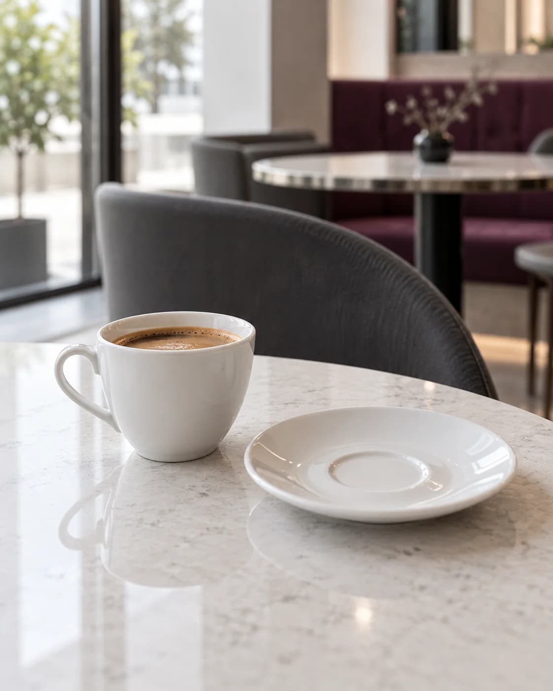 Skenë ilustruese kafeneje me kafe dhe një pjatëz bosh